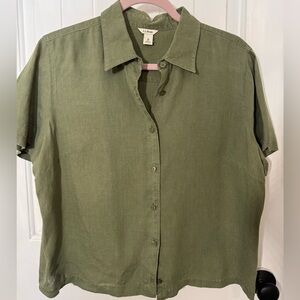 L.L. Bean Olive Button-Up Shirt 100% Linen
